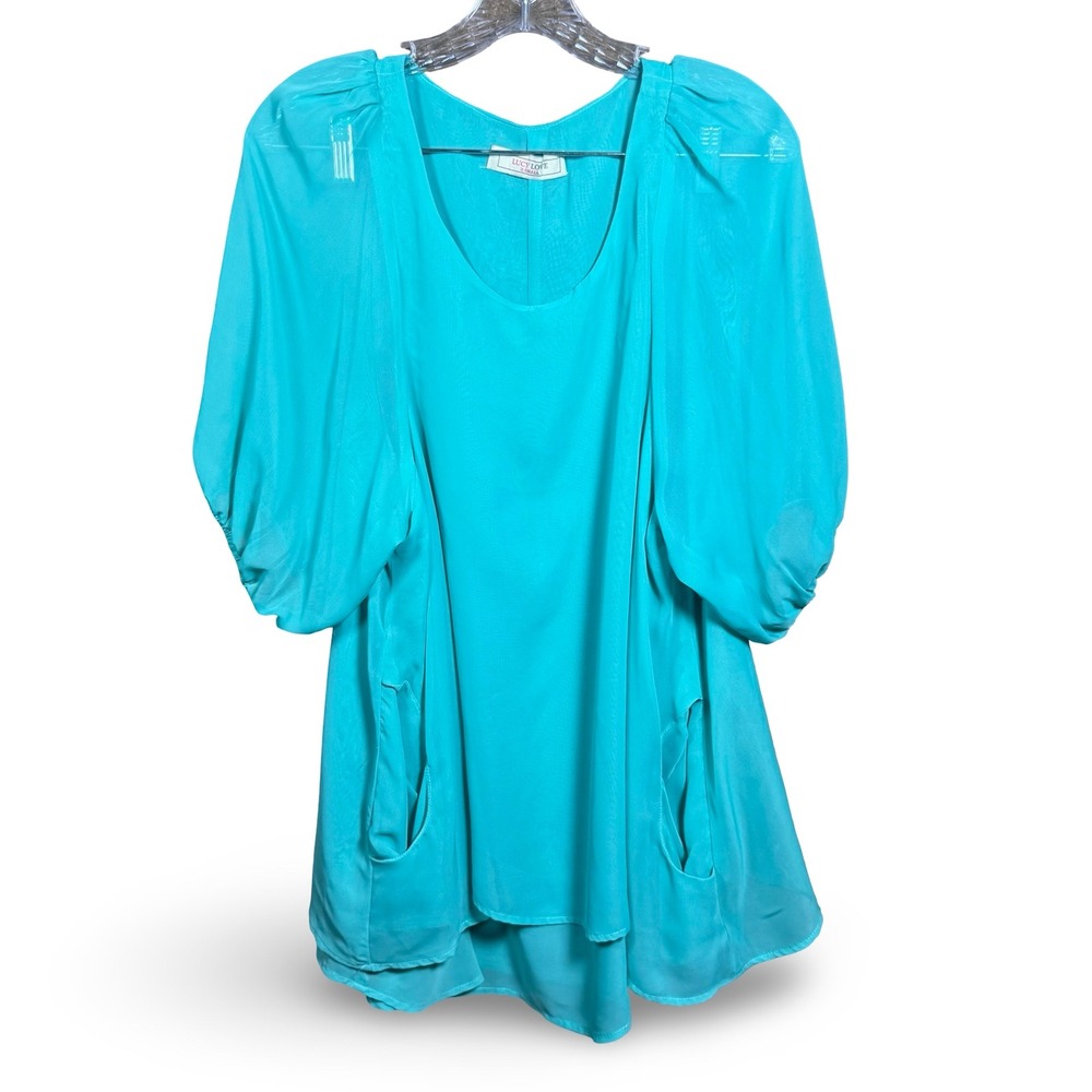 Lucy Love Gabrielle Dress Turquoise Blue Puff Sleeve Pocket Mini XS SK8723 LuLus